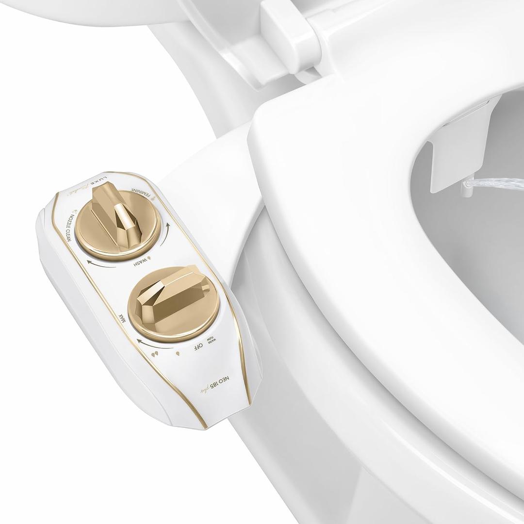 LUXE Bidet NEO 185 Plus - Dual Nozzle, Non-Electric Bidet Attachment for Toilet Seat, Patented Slide-In Install, 360 Self-Clean, EZ-Lift to Clean, Feminine & Rear Wash (Gold)