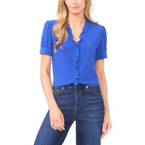 CeCe Women's Short Sleeve Button Ruffle Trim Top (Blue, M)