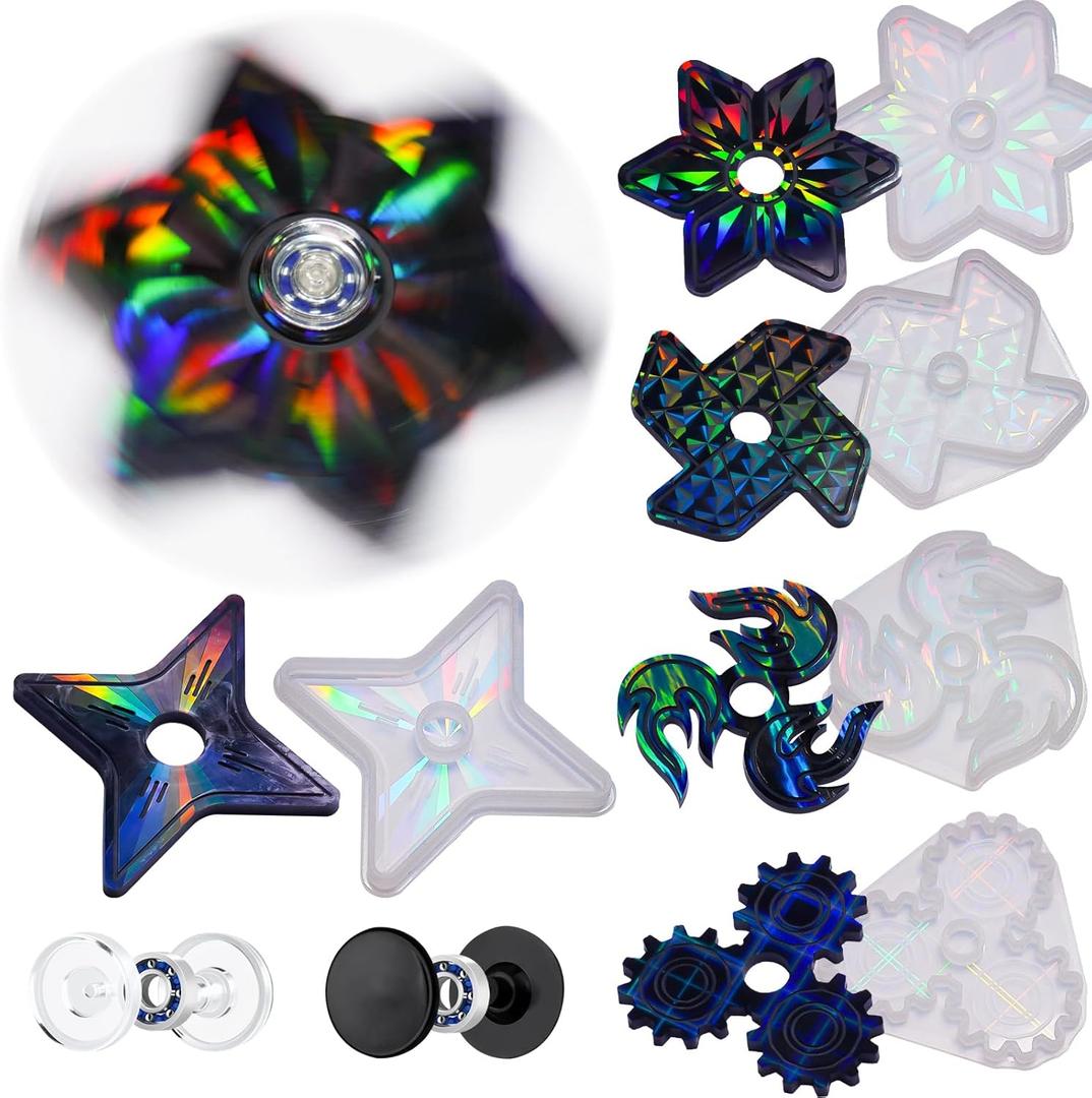 NiArt DIY Epoxy Resin Fidget Spinner Molds Set  5 Holographic Silicone Casting Molds with Rainbow Texture, 15 Bearings, 15 Pairs Plastic Caps & Organizer Box for Handmade Finger Toys & Craft Projects