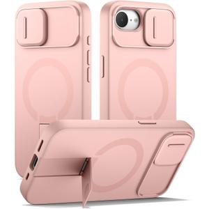 SURITCH for iPhone 17e/16e Case with Magnetic Camera Slide Cover and Adjustable Kickstand, Compatible with MagSafe, Shockproof Bumper Case Slim Protective Cover 6.1 Inch,Pink