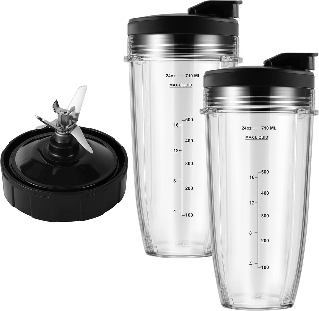 Blender Replacement Parts for Ninja, 24oz Ninja Blender Cups with To-Go Lids, 7 Fins Extractor Blade, Compatible with Nutri Ninja Auto iQ Blenders BL2012 BN801 BL480-30 BL640-30 BL642-30 NN100-30, 2 Pack