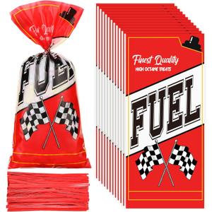 Teling 100 Pcs Race Car Fuel Can Popcorn Treat Bags Racing Car Cellophane Candy Cookie Snacks Bags with Twist Checkered Flag Themed Decorations Birthday Party Supplies