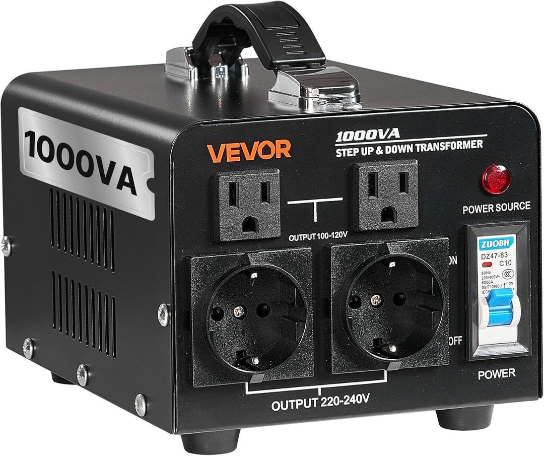 VEVOR Voltage Converter Transformer, 1000VA, Heavy Duty Step Up/Down Power Transformer, Convert from 110V to 220V and 220V to 110V, with EU & US Outlets, US Power Cord, Circuit Breaker Protection