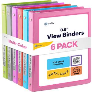 Inch 3 Ring Binder, .5 Inch Round Ring Clear View Cover with 2 Inside Pockets Binders, Colored School Supplies Binders in Grey, Pink, Blue, Purple, Green and Red, Multicolor (6 PC)  by Enday