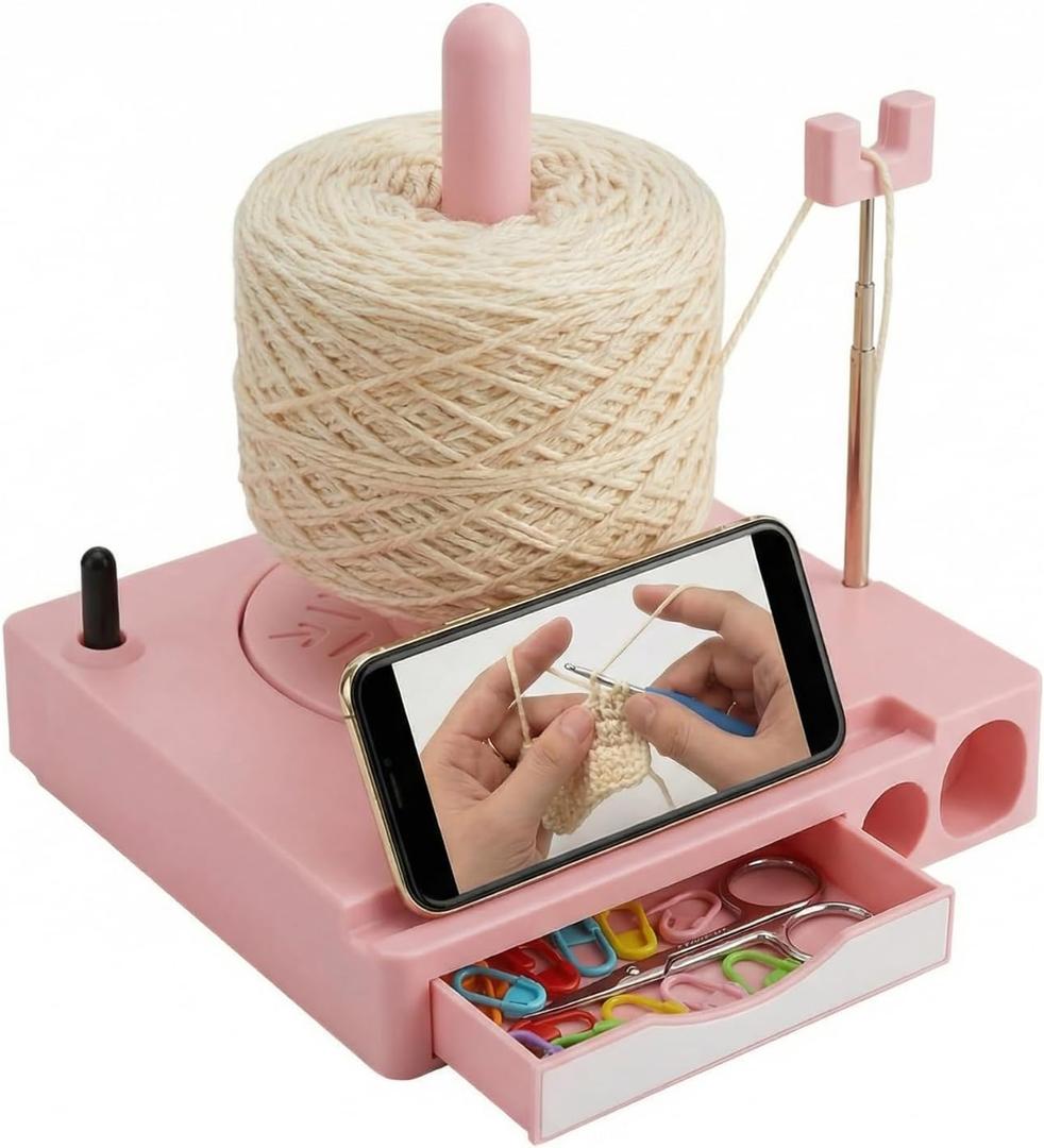 Portable Multi-Functional Yarn Holder Spinner with Phone Stand, Detachable Yarn Spool Box & Crochet Accessories Organizer for Knitting Lovers (Pink)