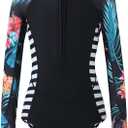 Girls Long Sleeve Rashguard Swimsuit UV Protection One-Piece Swimwear Bathing Suit (11-12 Years, Red Blue Print 2)