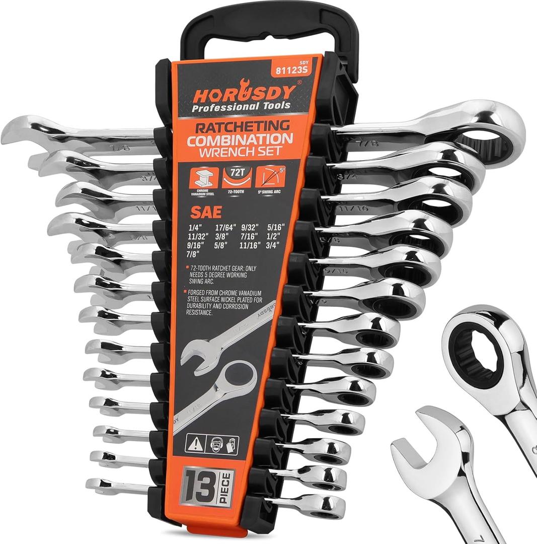 HORUSDY 13-Piece Sturdy Ratcheting Wrench Set | SAE 1/4''7/8'' | Max Torque Ratchet Combination Wrenches Set with Storage Rack | 72-Tooth | Chrome Vanadium Steel