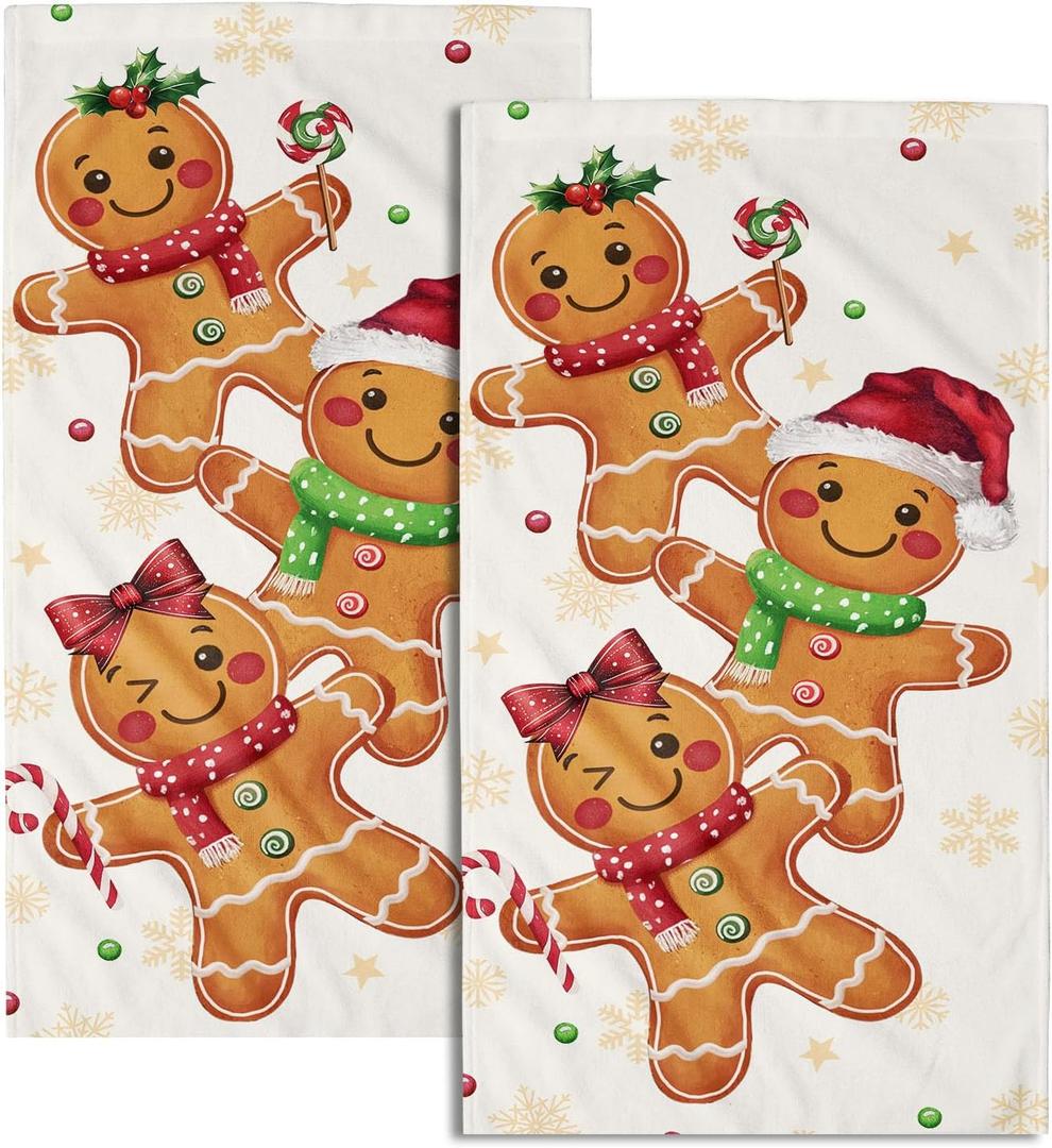 Christmas Gingerbread Man Hand Towels Set of 2 Xmas Theme Gingerbread Gold Snowflake Absorbent Kitchen Towels Rustic Winter Holiday Fingertip Towels for Bathroom Hotel Gym Spa