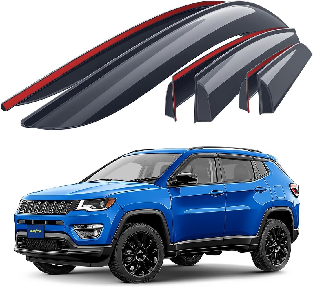 Goodyear Shatterproof Window Deflectors for Jeep Compass 2017-2026, Tape-on Rain Guards, Window Visors, Vent Deflector Visor, Car Accessories,6 pcs. - GY008681