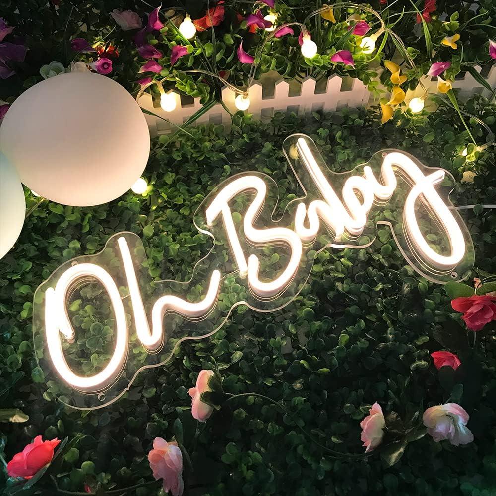 Oh Baby Neon Sign for Backdrop, Shower Decorations, Photo Prop, Gender Reveal, 5V USB Powered LED Light Up Signs for Party Decor, 17"X 8.7" Warm White