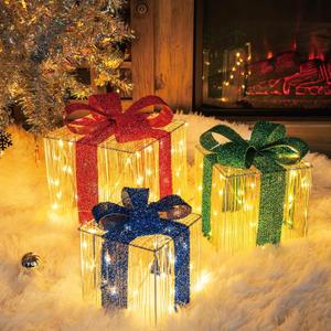 Set of 3 Christmas Lighted Gift Boxes, 140 LED Light Up Present Boxes for Christmas Decorations Indoor Outdoor Yard Xmas Tree Holiday Party Lawn Porch Home Decor (3 Colored Bow)