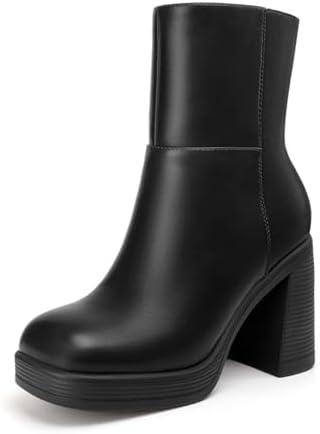 Athlefit Women's Platform Ankle Boots High Chunky Block Heel Square Toe Boots Fashion Dress Heeled Booties, 8,5