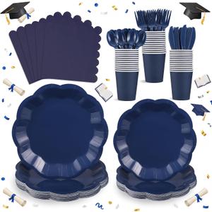 NatNarr 175 Pcs Navy Blue Plates and Napkins Set, 25 Guest Navy Blue Party Supplies Include 9" Graduation Plates & 7" Cake Plate Disposable Plastic Cutlery for Birthday Graduation Party Wedding