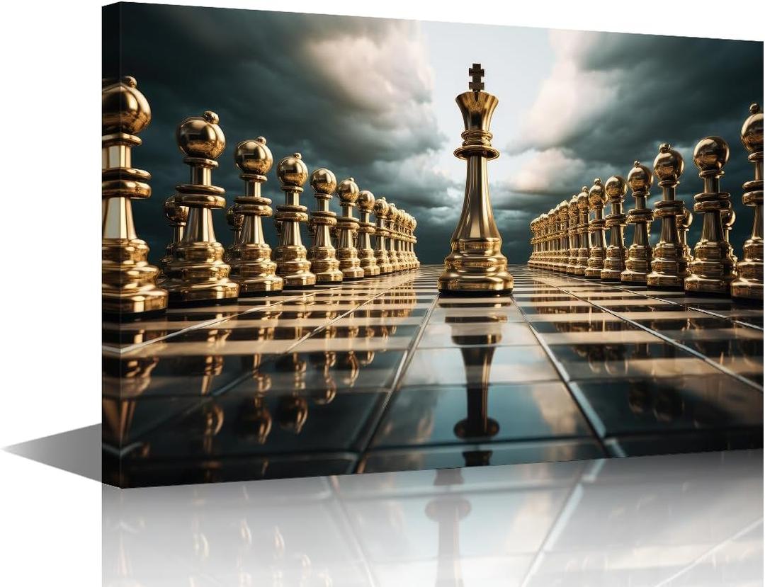 TUMOVO 1Panels Golden Chess Piece Pictures for Living Room King and Knight Picture Painting Canvas Art House Decor Modern Office Wall Decor Framed Large Wall Art for Home Bedroom 36x24in, 24"Wx36"H
