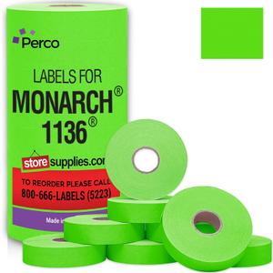 Perco Fluorescent Green Pricing Labels for Monarch 1136 Price Gun - 8 Rolls, 14,000 Pricemarking Labels
