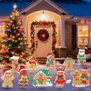 Hiznomgs10 Pcs Gingerbread Christmas Decorations Outdoor, Christmas Decorations Yard, Gingerbread Man Yard Signs with Stakes for Holiday Party Home Lawn Pathway Decorations Supplies
