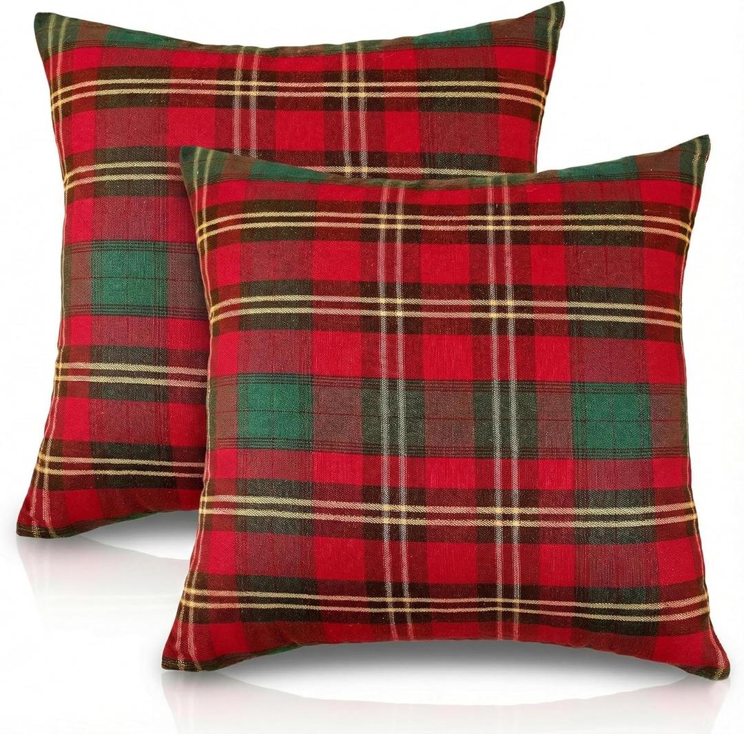 Christmas Plaid Pillow Covers 20x20 Inch Set of 2, Vintage Gold Thread Tartan Throw Poillow Covers Pillow Covers Winter Holiday Farmhouse Sofa Home Decor Living Room (Red Green)