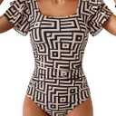 Eomenie Women's Tummy Control One Piece Swimsuit Ruffle Square Neck Bathing Suit Ruched Cutout Back Slimming Swimwear (Large, Black Yellow Print)