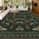 Hazo Haus Forest Green Rugs for Living Room - 9x12 Big Rugs for Bedroom, Dining Room, Guest Room, Insect Moth Dcor, Non Slip Low Pile