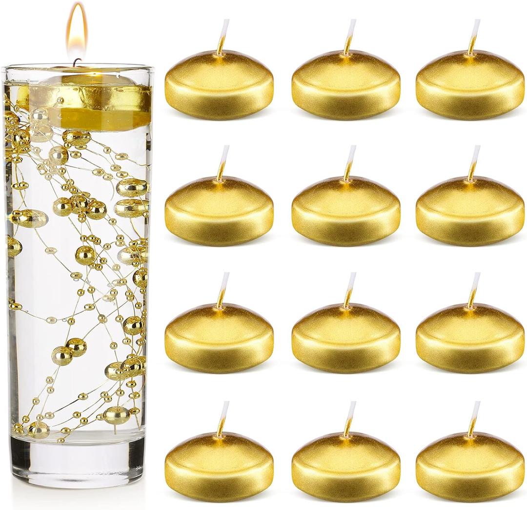 Nuanchu 12 Pieces 1. 65 Inch Floating Candles for Wedding Centerpiece, Small Unscented Floating Round Tealights Metallic Smooth Wax Disc Candles for Graduation Dinner Home Decor(Gold)
