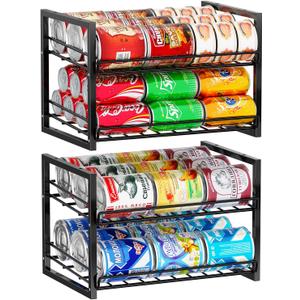 SUFAUY Stackable Can Rack Organizer for Pantry, 2 Tier Soda Canned Food Storage Holds Up to 60 Cans, Steel Square Frame Shelves for Storage, 2 Pack (12"D x 16.5"W x 11"H, Black)