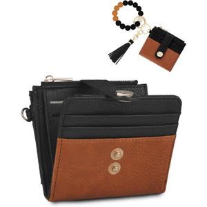 Small Wristlet Wallets for Women Keychain Wristlet Wallet RFID Blocking Key Chain Wallet With Zipper Coin Pocke,2 Id Window(BrownBlack)