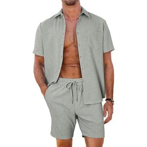 Men's 2 Piece Casual Summer Beach Button Down Shirt Short Sleeve Solid Shirts and Shorts Yoga Outfits Sets (Large), Green