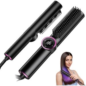 Hair Straightener Brush - Upgraded Straightening Comb for Women with Dual Voltage, Dark Black