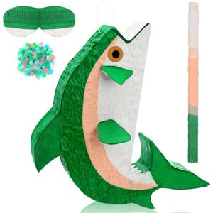 Green Fish Pinata Fishing Game Pinata Ocean Under The Sea Supplies for Adult Party Decoration with Stick Bat Blindfold and Confetti for Carnival Animal Theme Birthday Game Party Decoration Supplies