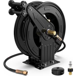 Pressure Washer Hose Reel, Double Arm 3/8 in x 50 ft Retractable Pressure Washer Reel, Auto Rewind Heavy Duty Steel Professional Power Wash Hose Reel with 5 ft Lead for Air/Oil/Water 4000 PSI