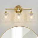 Vintage Gold Bathroom Vanity Light Fixture, 3-Light with Rose Pattern Crystal Glass Shade, Retro Brushed Gold Finish