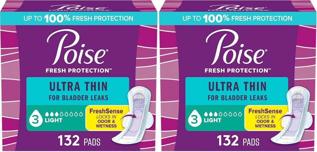 Poise Ultra Thin Incontinence & Postpartum Pads with Wings for Bladder Leaks, 3 Drop Light Absorbency, Regular Length, 132 Count (Pack of 2)