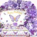 Butterfly Party Decorations, Girls Birthday Themes Decorations with Balloon Arch Kit Butterfly Photography Backdrop Banner and Tablecloth for Girls Women Butterfly Birthday Decor (Purple)