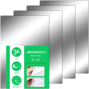 ARSMOGEN 4 Pieces Flexible Cut to Size Mirror Sheet 6" x 9", Self Adhesive Non Glass Mirror Stickers PETG Plastic Mirror