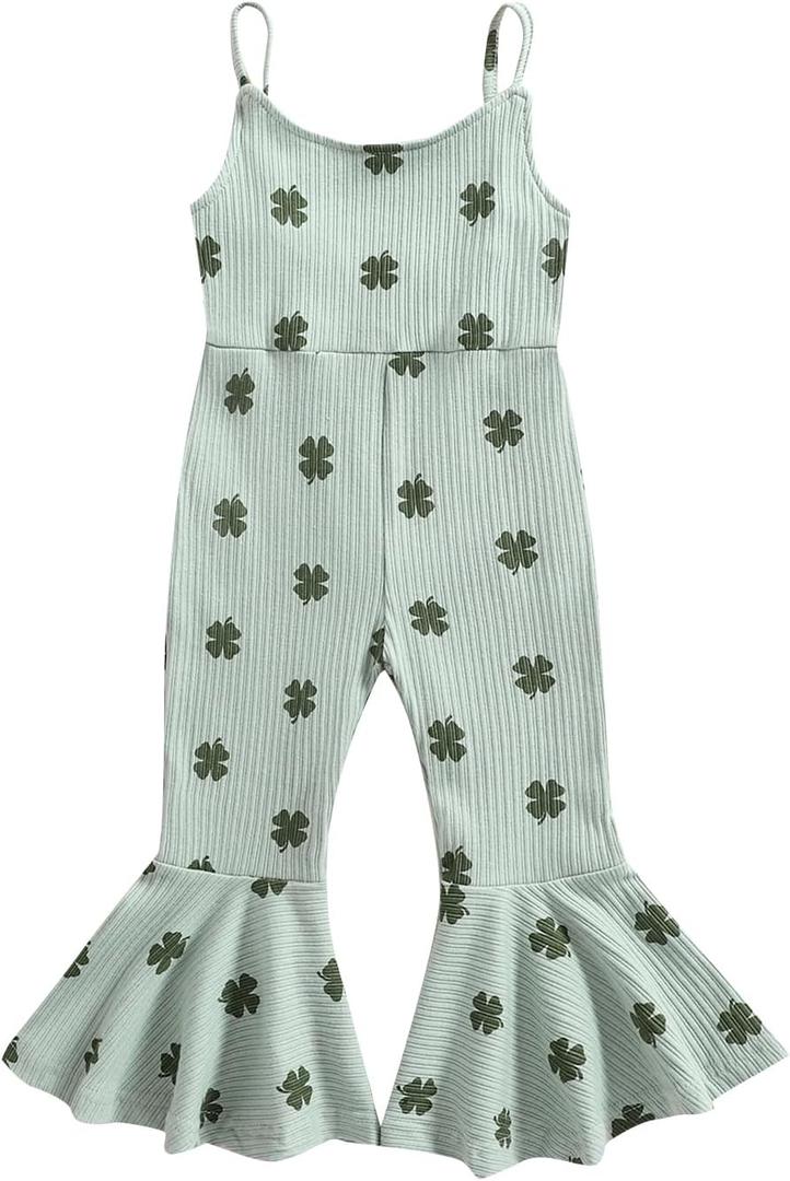 Toddler Baby Girls Bell-Bottoms Jumpsuit Ribbed Sleeveless Spaghetti Straps Romper Heart Valentines Outfit (Green)