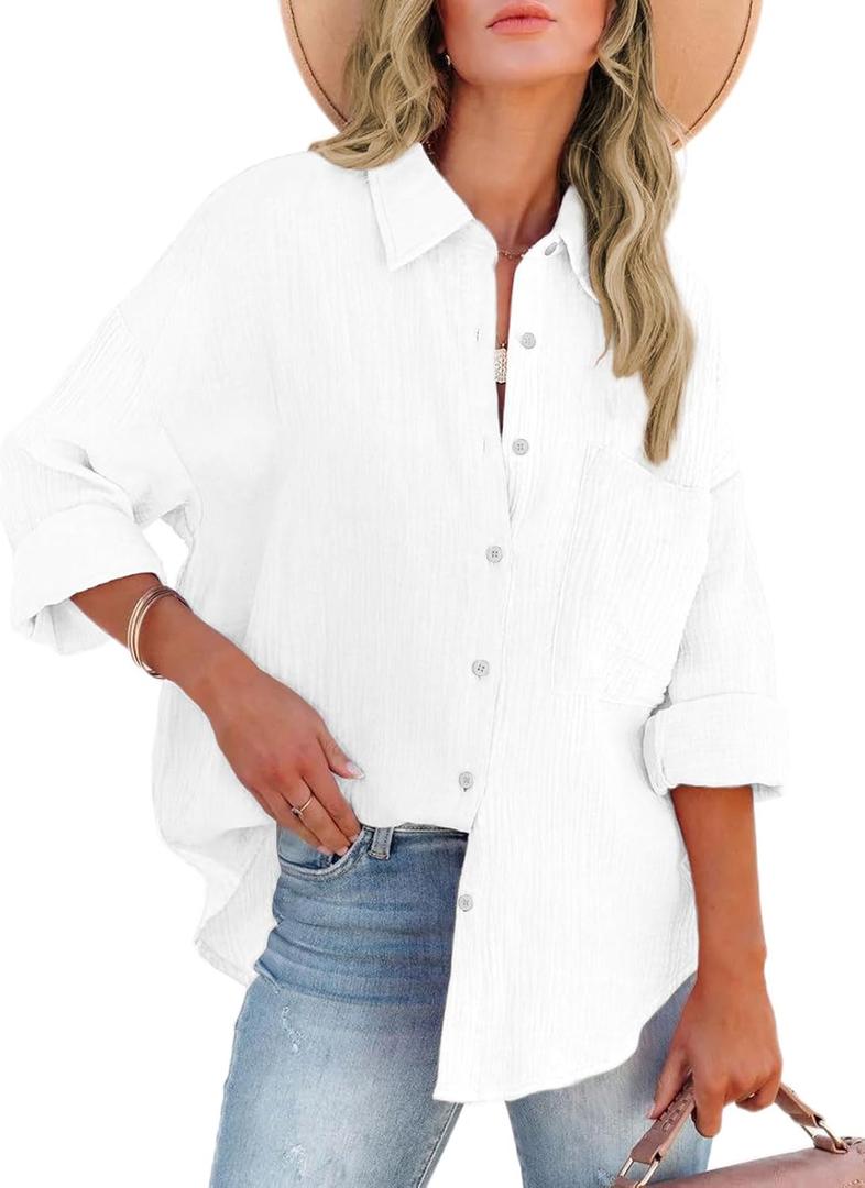 ARTFREE Womens Color Block Long Sleeve Striped Button Down Shirts with Pocket Loose Fit Work Casual Collared Blouse Tops (Small, White)