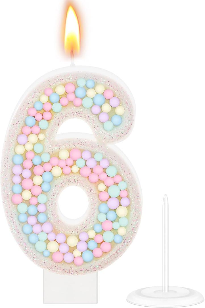 MTLEE Number 6 Candle Pastel Macaron Glitter 3D Rainbow Birthday Number Candle Cake Topper for Girl Boy Birthday Wedding Anniversary Sweet Theme Party Decorations