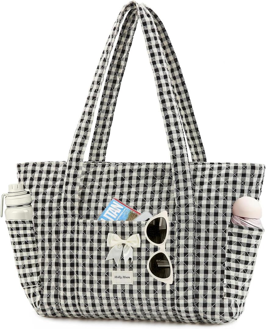 Molly Moon Quilted Tote Bag for Women, Quilted Gingham Floral Tote Bags with Zipper, Cute Bow Shoulder Bag Gifts for Sisters
