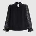 Women's Mesh Ruffle Long Sleeve Tops Fall Elegant Mock Neck Pleated Business Casual Blouses (Black, M)