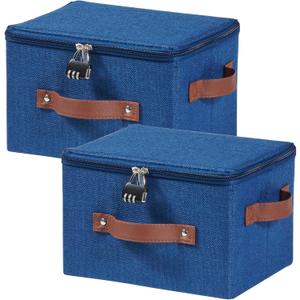 2PCS Storage Bins Box with Zipper Lid Combination Lock PU Leather Handles Cotton Linen Fabric Lidded Lockable Basket Foldable Washable Closet Shelf Organizer Container (Deep Blue, Small)