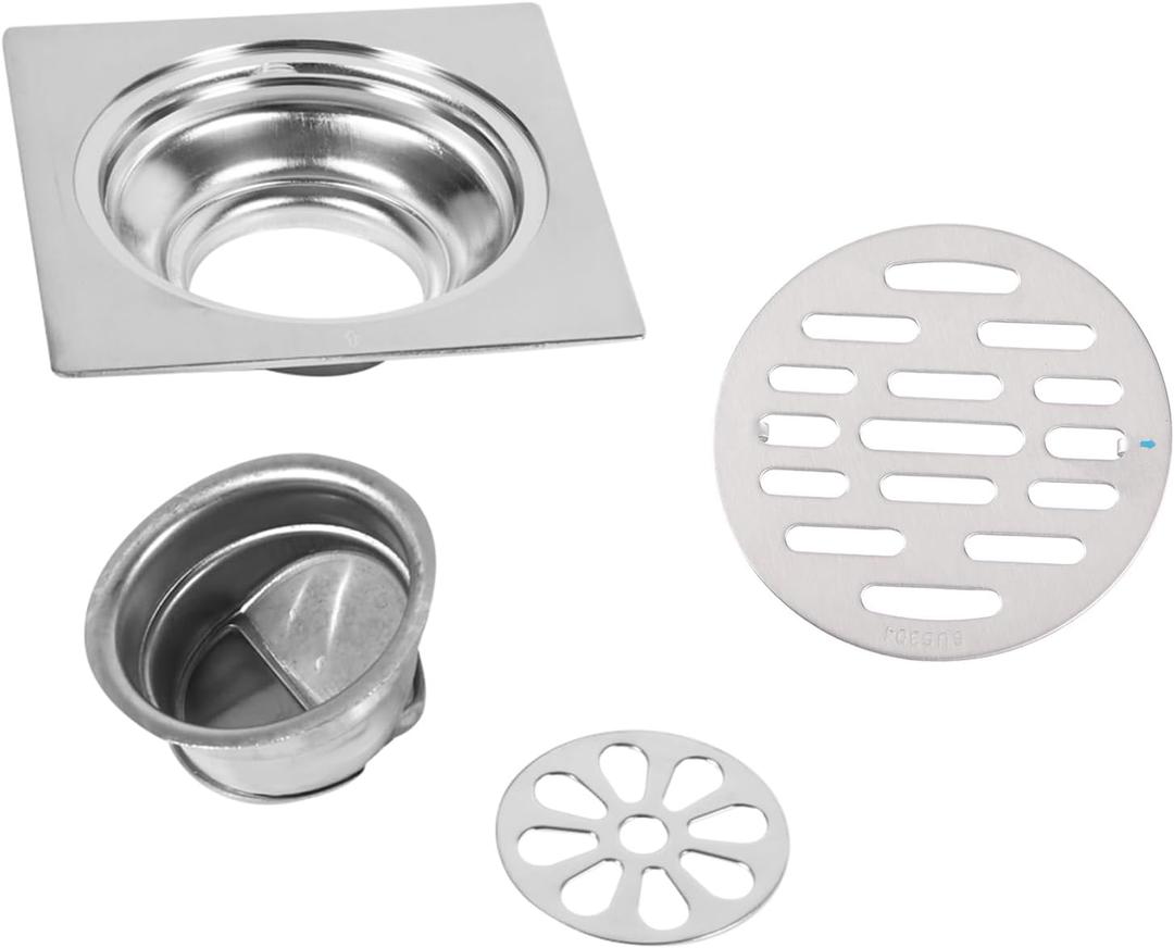 Square Bathroom Floor Drain Cover, Thick Stainless Steel Shower Drain Cover Square Shower Drainer with Waste Gate for Kitchen Bathrooms Garage Wet Areas 50/75mm Pipe Fit (Style 1)