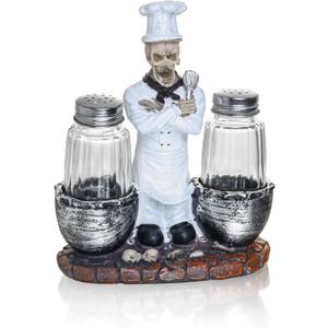 Decorative Salt and Pepper Shakers Set - Resin Skeleton Chef Figurine And Statues - Farmhouse Kitchen DCor with Glass Spice Jars