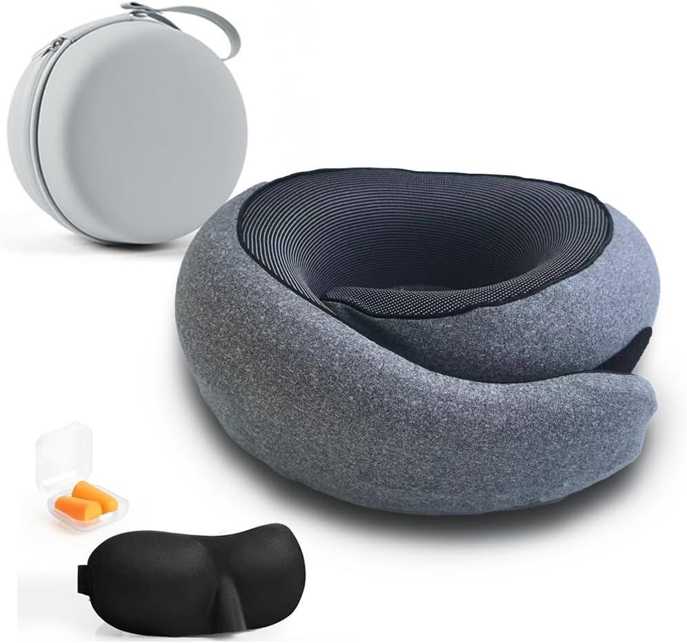 Travel Neck Pillow with Memory Foam & Chin Support – Includes Cute Macaron EVA Water-Resistant Carry Case, Eye Mask & Ear Plugs (Dark Grey)