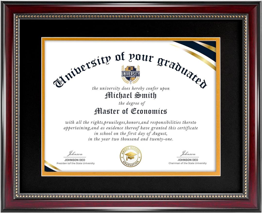 HOUSE DAY Diploma Frame 8.5 x 11 with Black over Gold Mat or Display 11x14 Diploma Frame 11x14 without Mat, High Definition Glass Certificate Frames 8.5 x 11 Degree 11 x 14 Diploma Frames, Mahogany with Gold Beads, 1 Pack