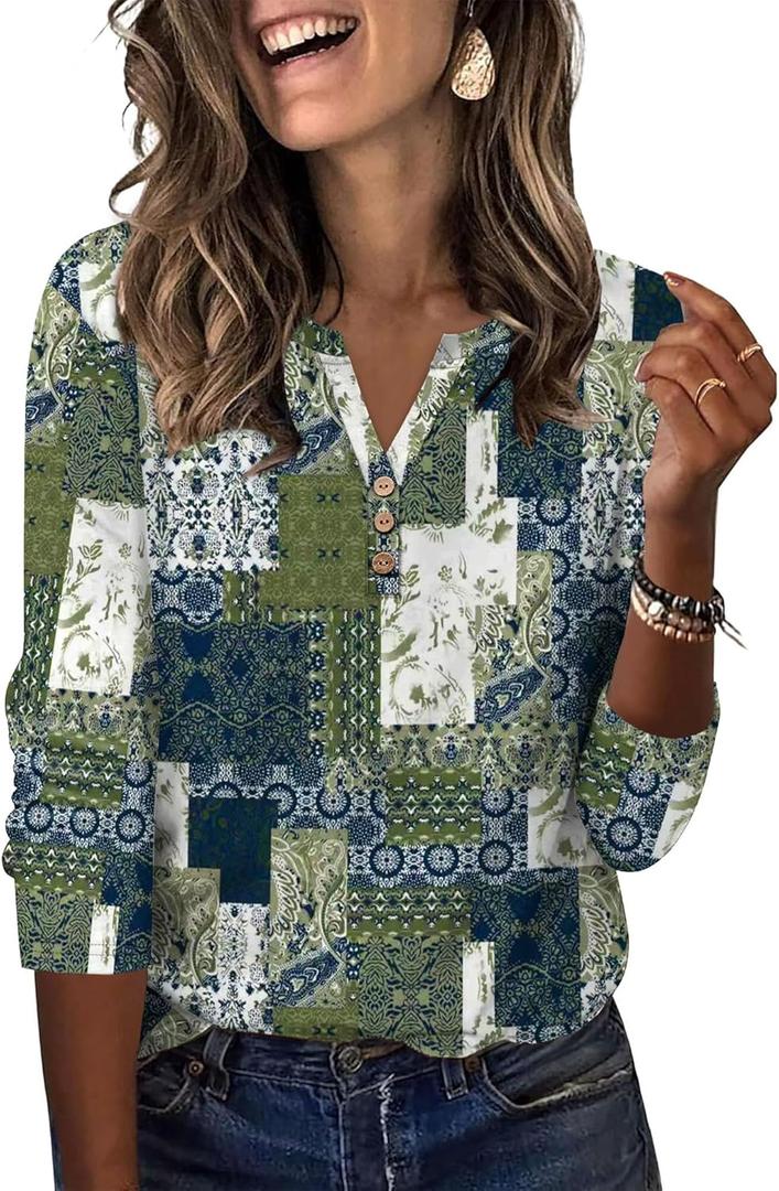 XIEERDUO 3/4 Length Sleeve Womens Tops Fashion Clothing V Neck T Shirts Dressy Blouses Business Casual Outfits Tunic Tops (Large)