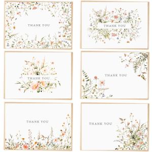 52-pack Floral Thank You Cards Bulk with Kraft Envelopes & Matching Stickers, 3.5x5 Inches, 6 Wildflower Designs | Perfect for Weddings, Baby & Bridal Showers, Graduations & Birthday