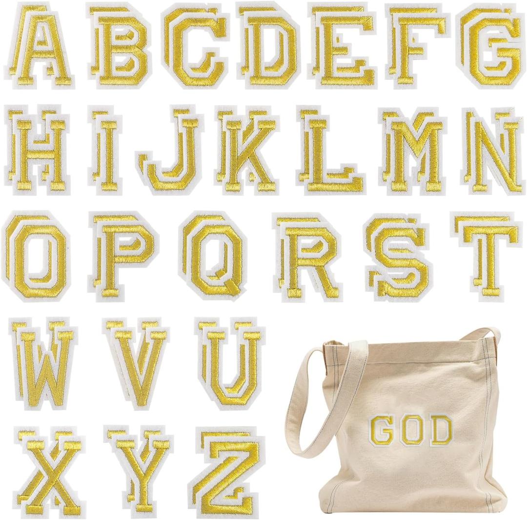 FR 52 Pcs Iron on Letters Patches, Varsity Alphabet Embroidered Patch A-Z Applique for Clothes, Dress, Hat, Jeans, DIY Accessories (Glod)