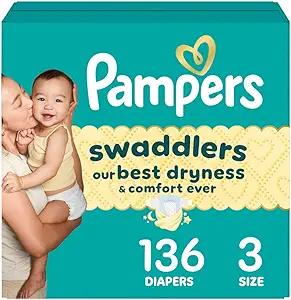 Pampers Swaddlers Diapers, Size 3 (13-26 lbs), 136 Count, Absorbent, Keeps Baby Dry and Comfortable, Skin Safe Disposable Baby Diaper 