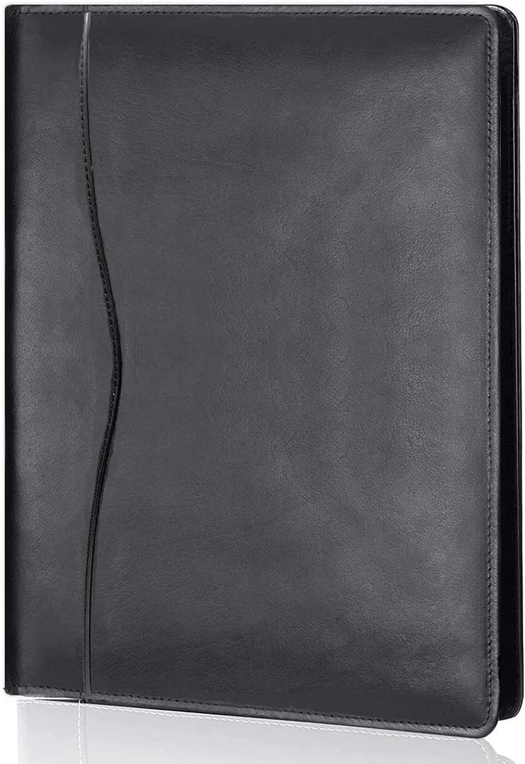 Leather Portfolio Folder Padfolio, Business Padfolio Organizer Document Planner Portfolio Binder Storage Pocket for Legal Pad Holder Paperwork Phone Men Women (Black)