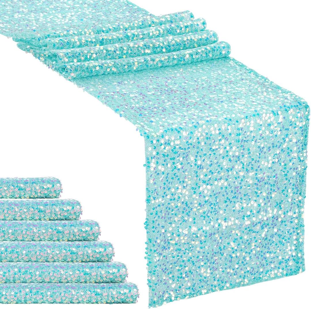 MoKoHouse Iridescent Table Runner for Party - Glitter Sequin Table Linens 6 Pcs 12 x 72 Inch Coral Green Mermaid Table Runner Baby Shower Decoration